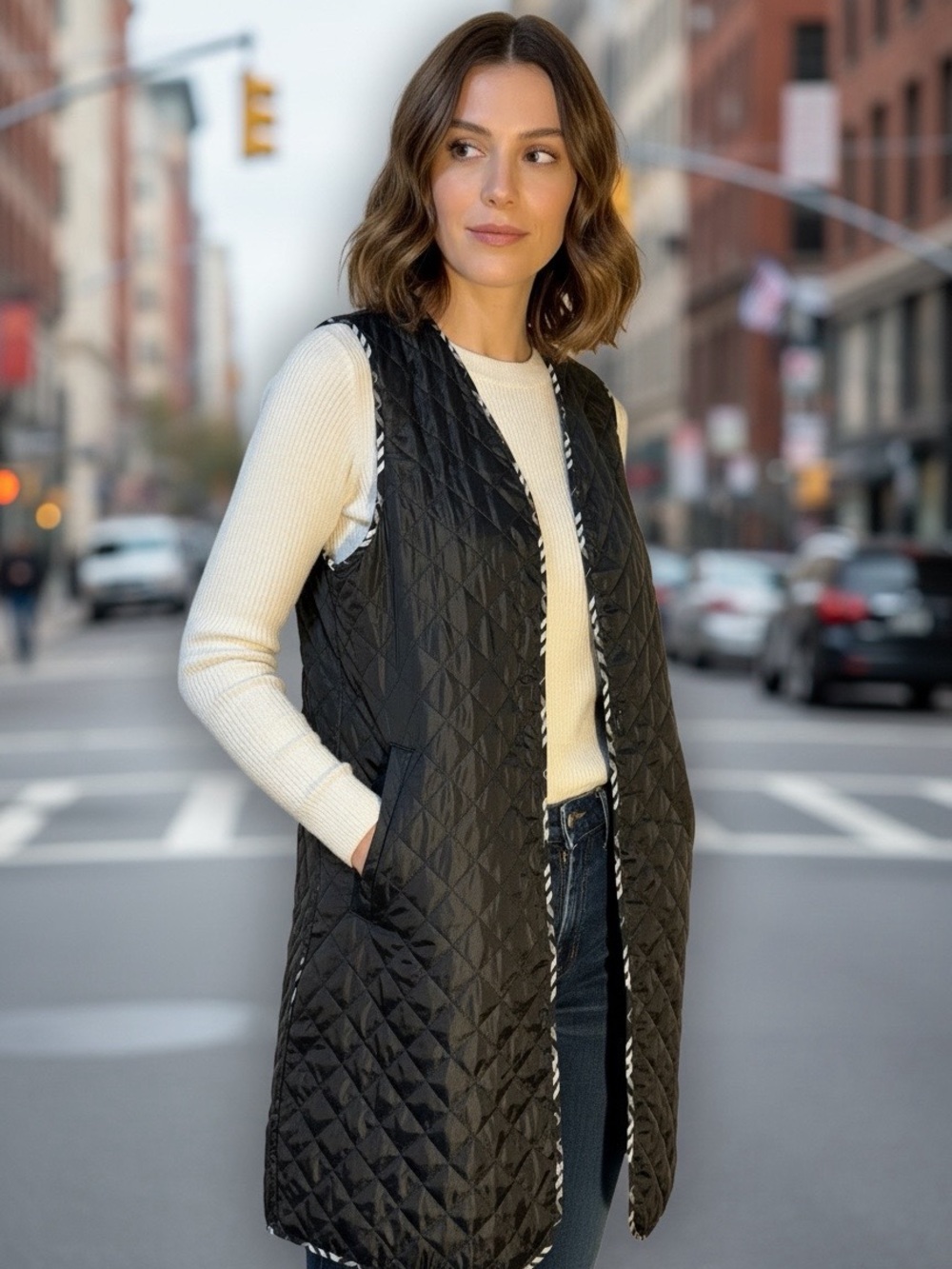 London Fog Black Quilted Long Vest